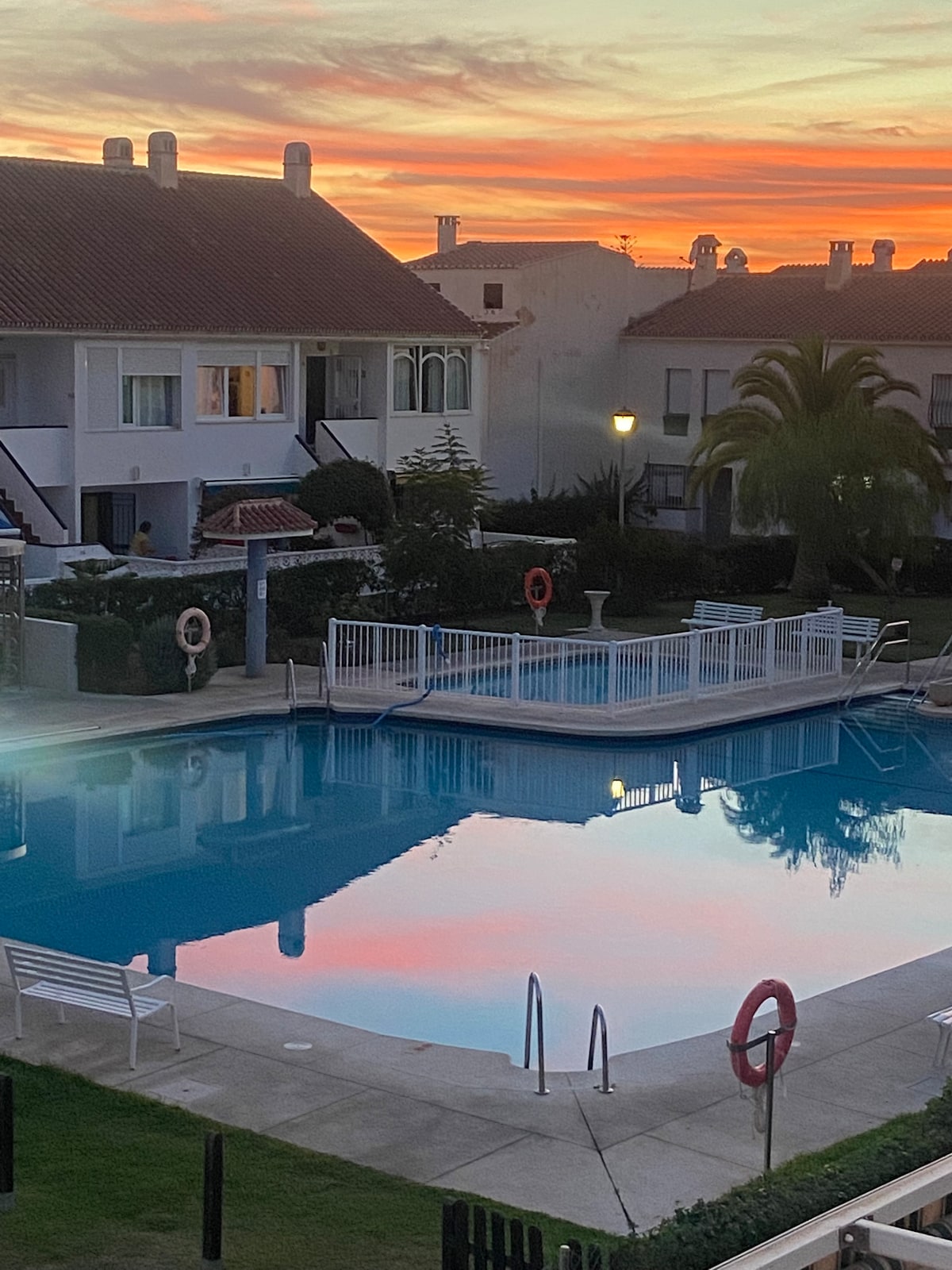The communal pool reflects a colorful sunset, with hues of orange and pink visible on the water's surface. White lounge chairs are positioned around the pool, and the surrounding area features tropical greenery, enhancing the serene setting. Several lifesaver rings are mounted nearby for safety.