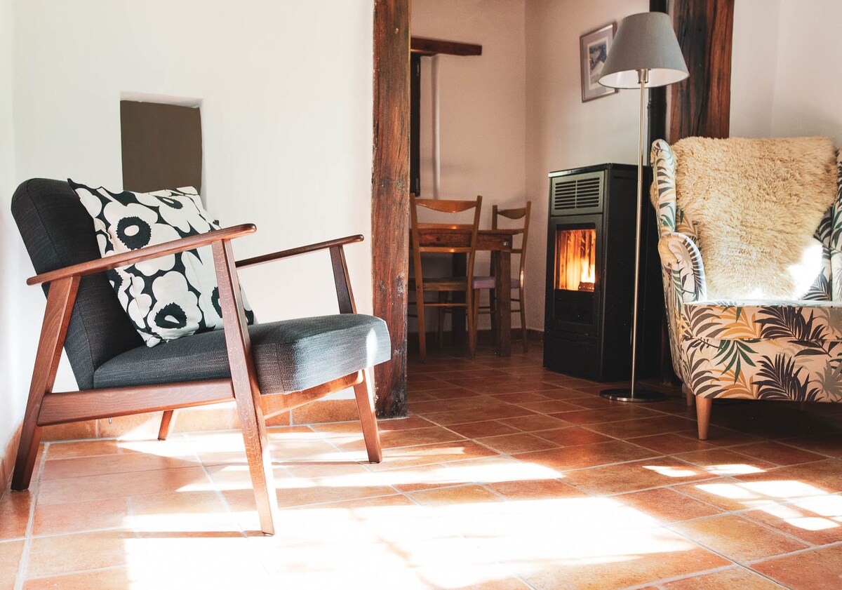 A cozy seating area is highlighted by a mid-century armchair and a patterned armchair, with a soft throw draped over one. Natural light filters through nearby windows, casting warm shadows onto the terracotta-tiled floor. A sleek fireplace adds warmth and character to the space.