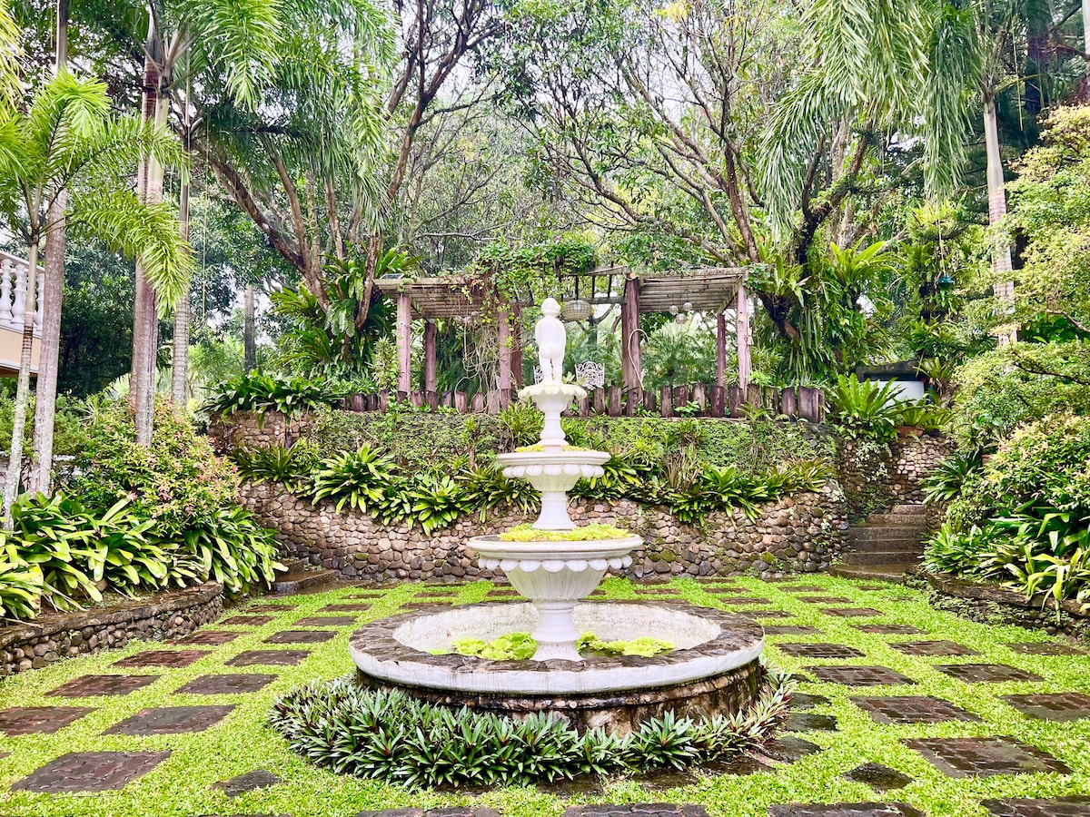 A serene garden area is highlighted by a central white stone fountain surrounded by lush greenery and neatly arranged stone pathways. Tropical plants and trees provide a natural backdrop, while a wooden pergola adds a touch of architectural interest.