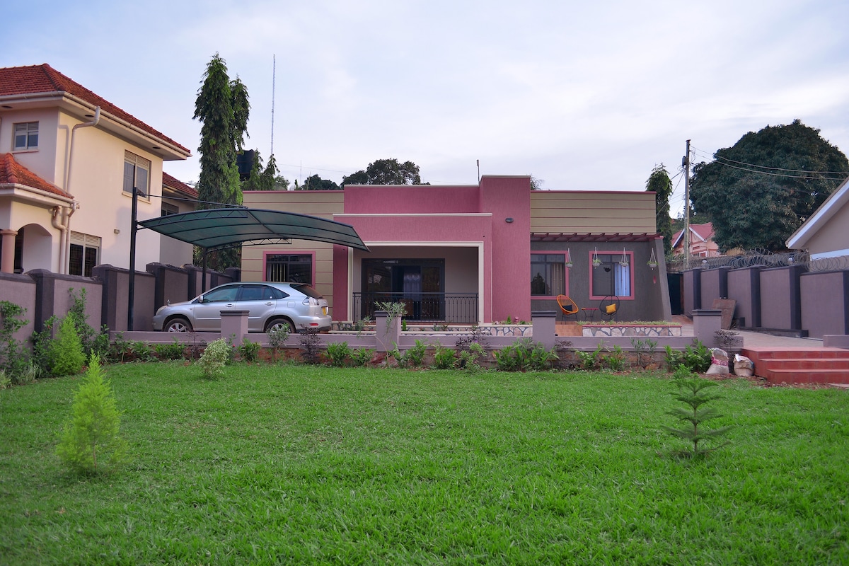 The front view of the house showcases a modern single-story structure with a pink exterior. A covered parking area is visible, along with a well-maintained garden featuring vibrant green grass and a few small plants. The surrounding wall provides privacy.