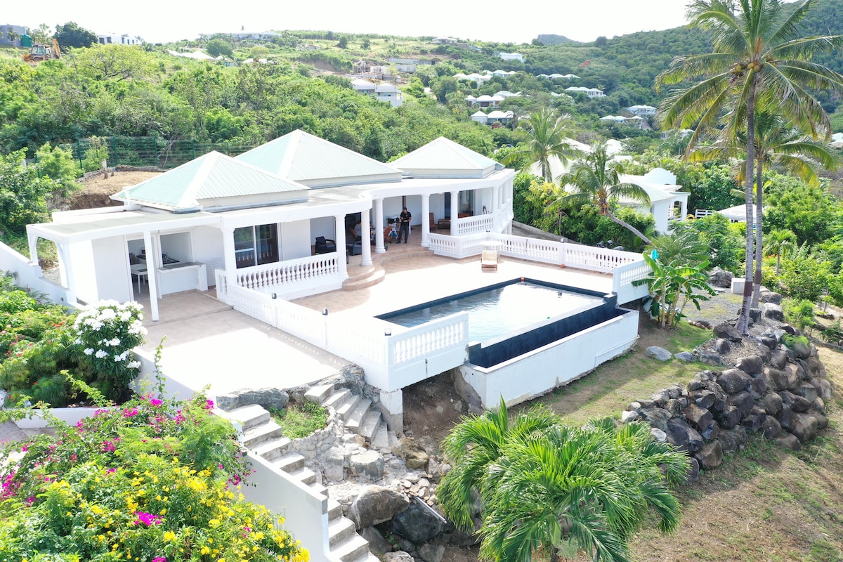 An aerial view showcases a spacious villa surrounded by greenery, featuring a private infinity pool at the forefront. A stone pathway leads from the garden to the pool area, while tropical plants add vibrant color to the landscape. The hills in the background provide a serene backdrop.