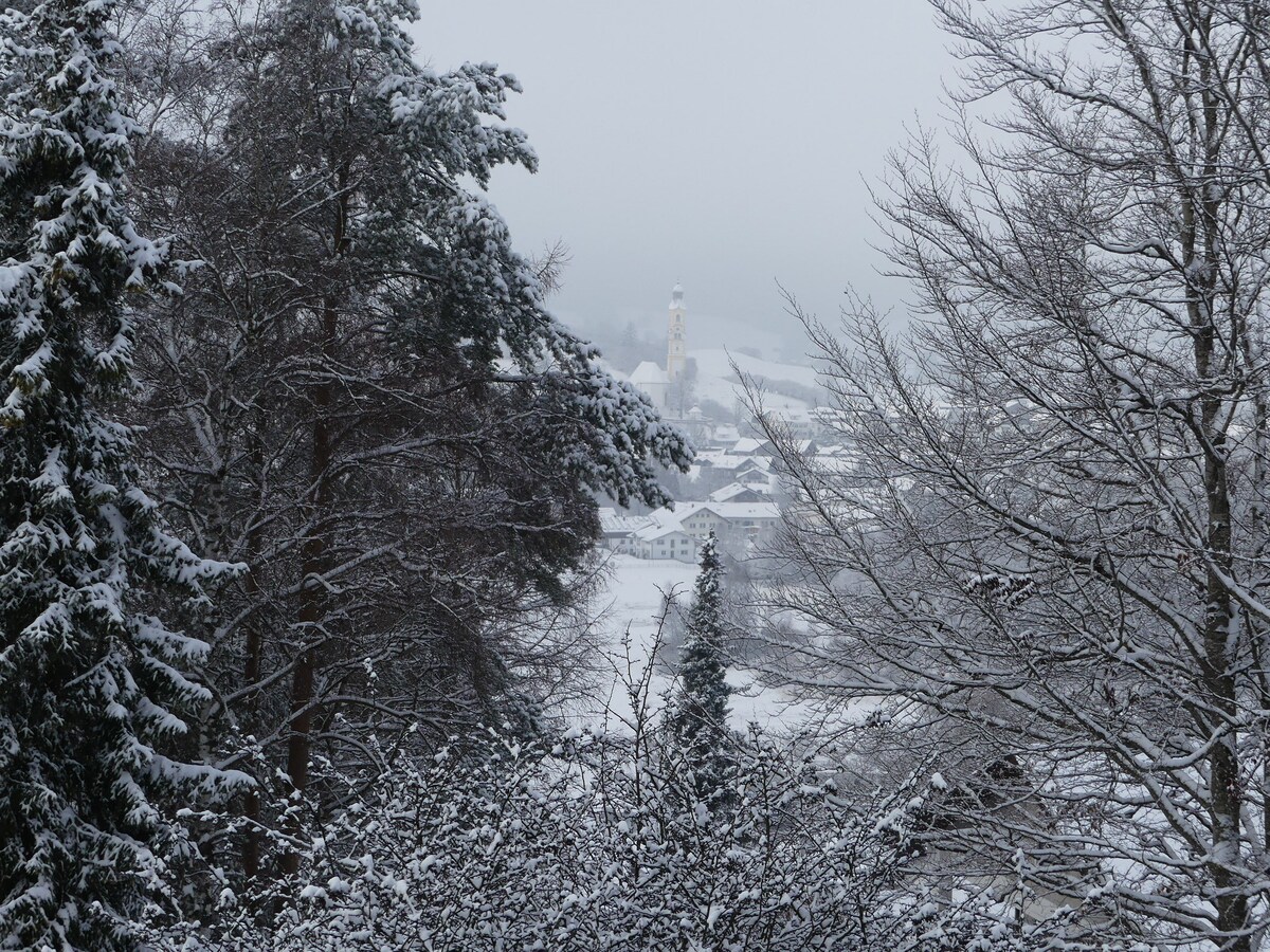 A scenic view of a snow-covered landscape is framed by frosted trees. In the distance, a tower emerges from the soft blanket of snow, creating a serene atmosphere. The muted colors of winter are prominently displayed, reflecting a tranquil and quiet environment.