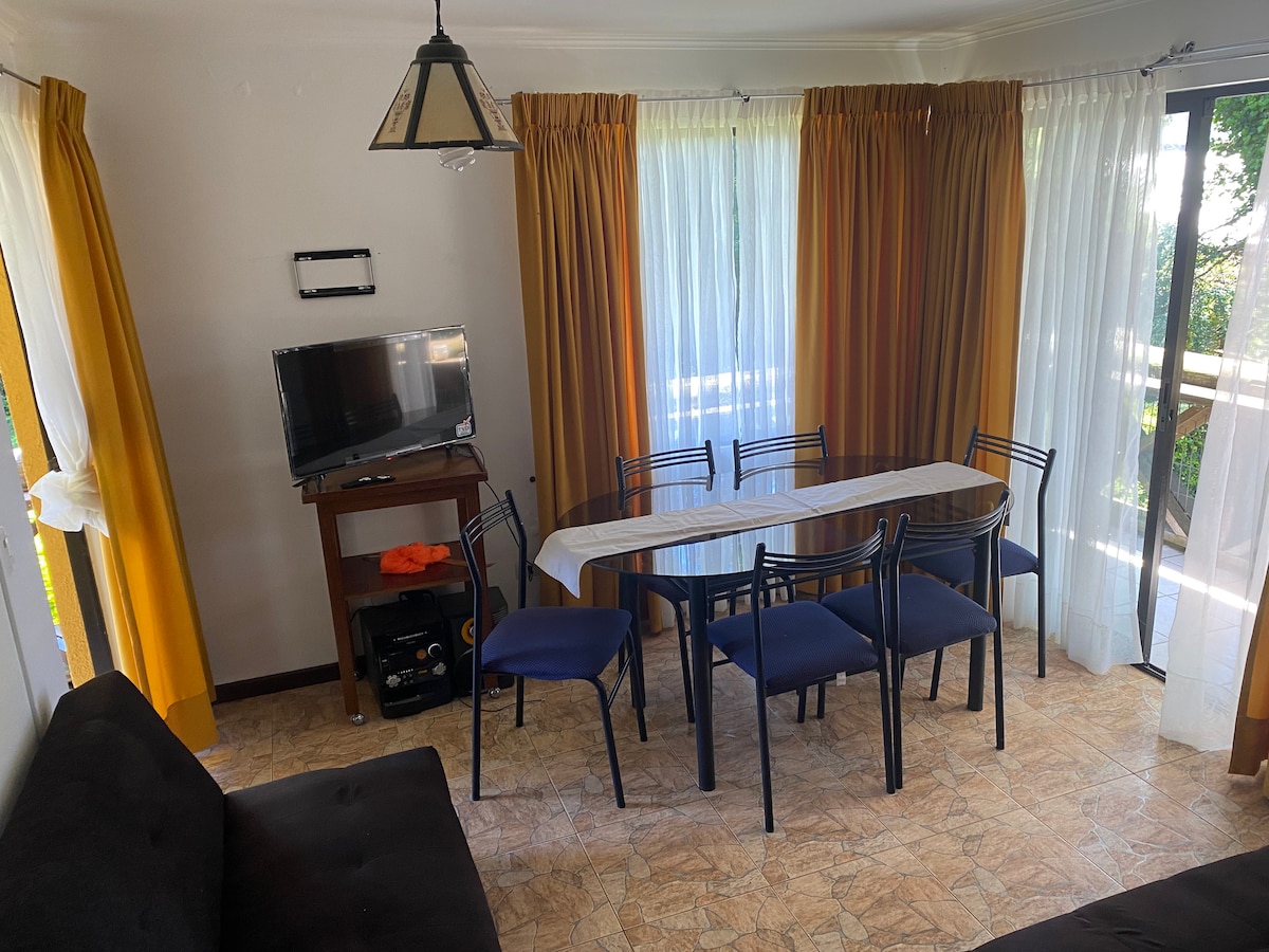 A dining area features a long table surrounded by six blue chairs. A television is placed on a wooden stand, adjacent to a large window draped with sheer and solid yellow curtains. Natural light fills the space, highlighting the warm tones of the decor.