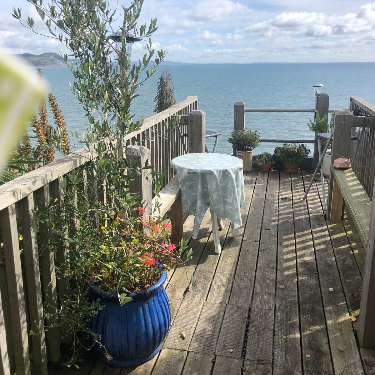 An outdoor private deck overlooks the tranquil sea, featuring a small round table covered with a light-blue tablecloth. Surrounding pots containing greenery and flowers are positioned along the wooden railing, enhancing the serene coastal view.