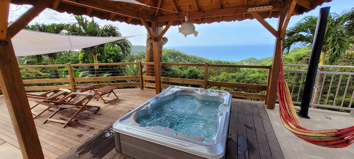 A spacious outdoor deck features a hot tub surrounded by tropical greenery, offering a tranquil view of the coastline. Two wooden lounge chairs and a colorful hammock are present, providing comfortable spots for relaxation.