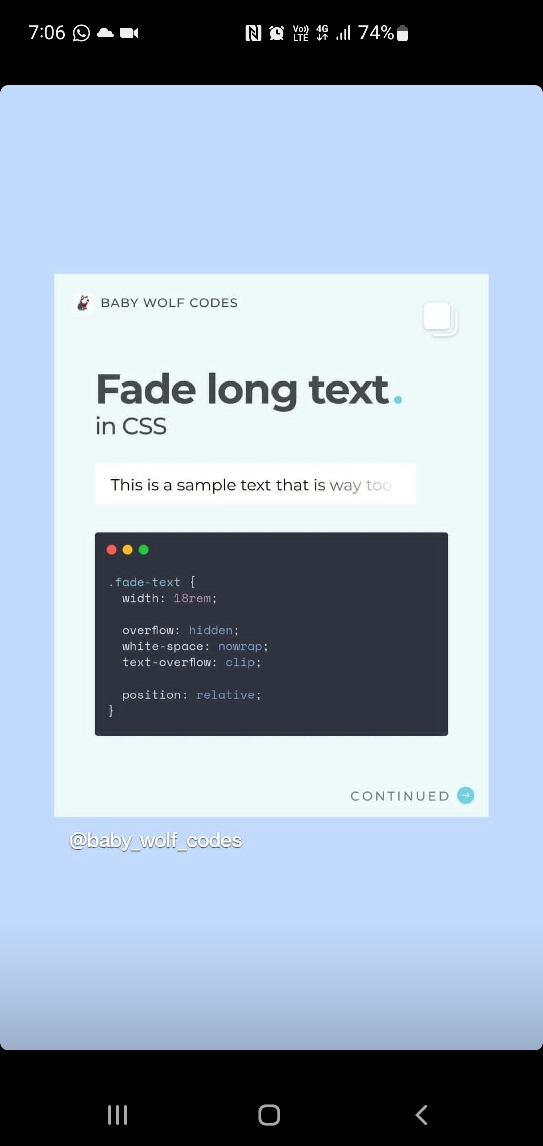 A visually appealing layout features a light background with sample text demonstrating CSS properties for handling long text. A code snippet is displayed in a dark box, emphasizing clarity and organization with styled elements.