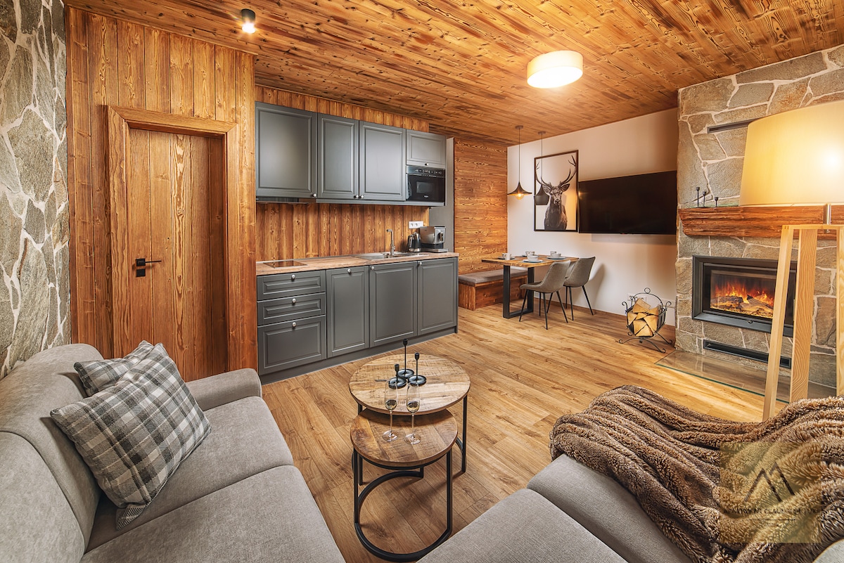 A warm living area features wooden walls and a stone fireplace, complemented by a cozy sofa and circular coffee table. A kitchen area with modern cabinets is included, while a dining table is positioned near the warm glow of the fireplace, enhancing the inviting atmosphere.