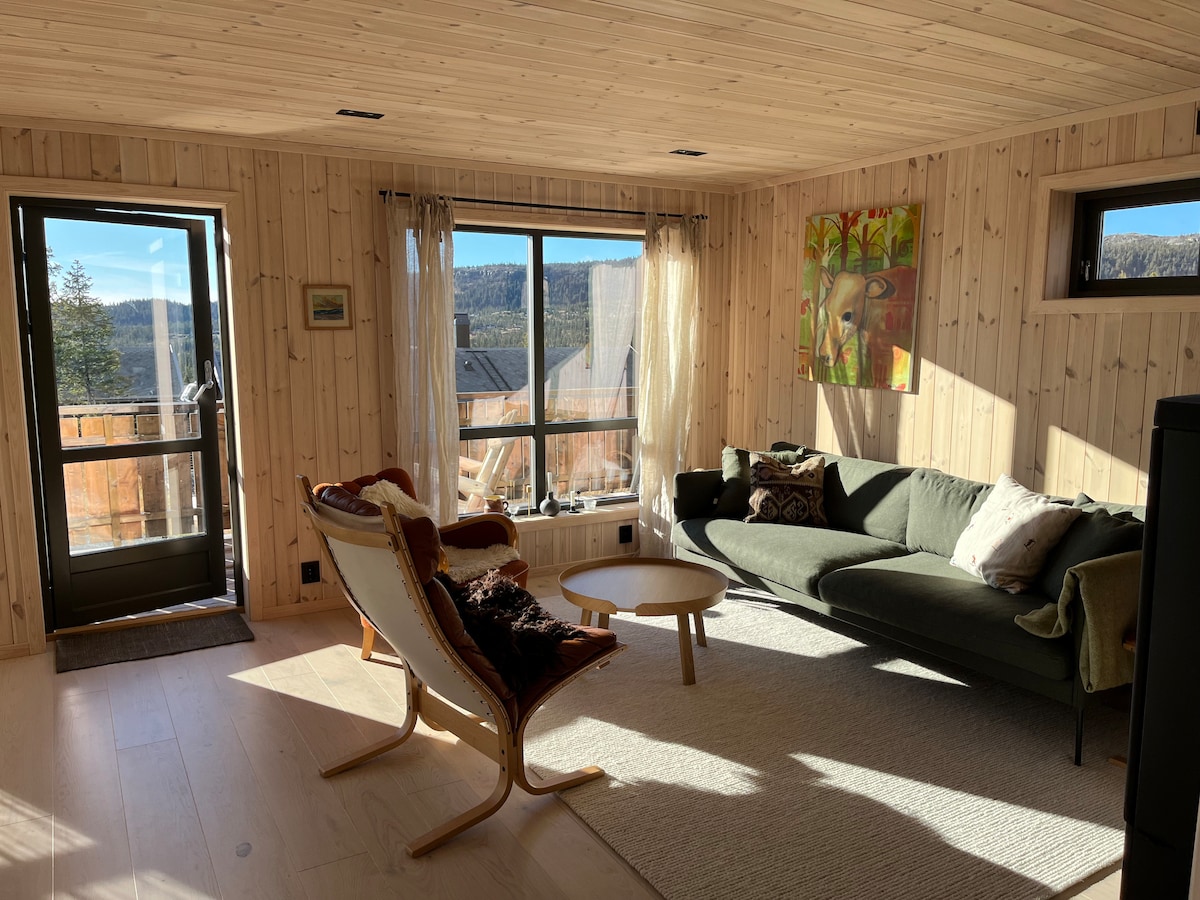 The living area features warm wooden walls and a combination of large windows and a door that provide mountain views and natural light. A green sofa and a white accent chair are arranged around a small coffee table on a light rug, creating a comfortable seating space.