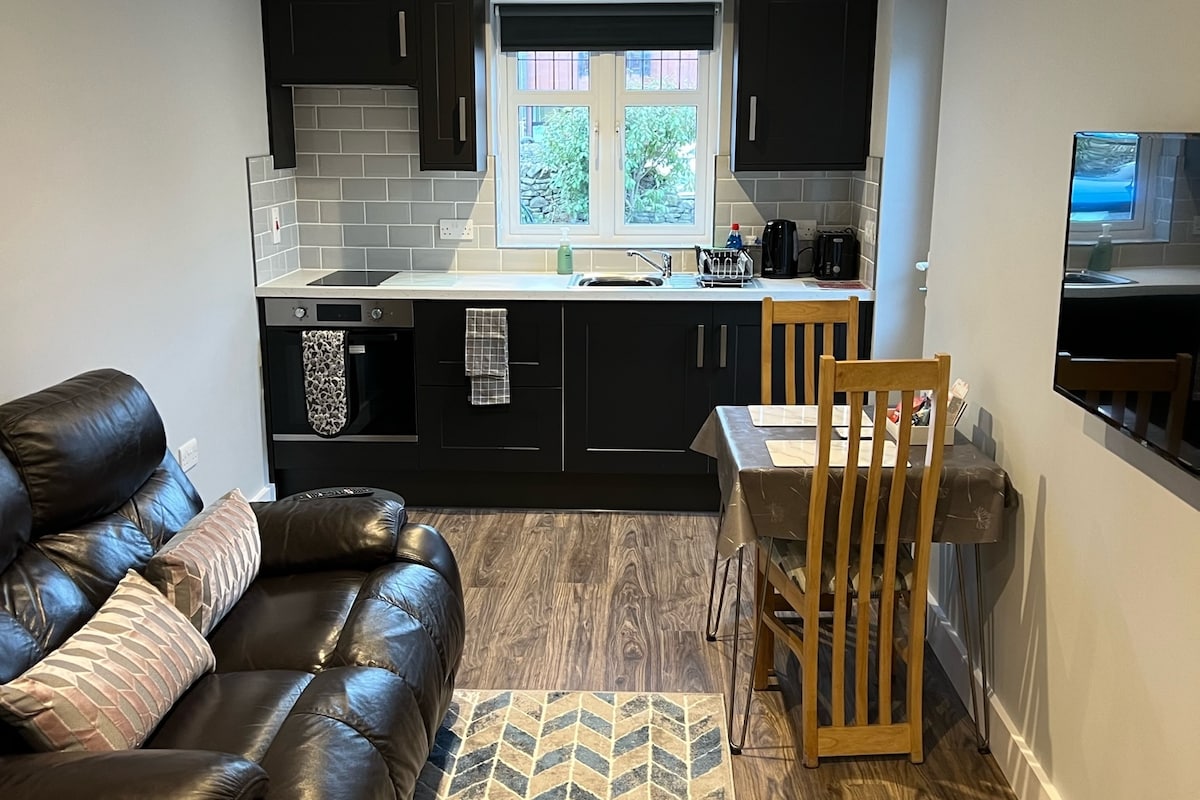 A modern kitchen and living area features dark cabinetry and light grey tiled backsplash. A leather recliner sofa, a dining table with two chairs, and a television are visible. Natural light enters through the window, highlighting the well-organized kitchen space.