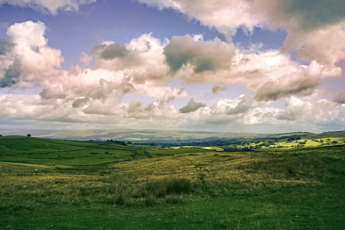 A scenic landscape features rolling green hills under a vast sky filled with clouds. The gentle undulations of the terrain extend into the distance, creating a sense of openness. Soft light illuminates the scene, showcasing the natural beauty of the outdoors.