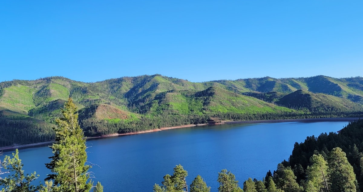 A panoramic view showcases a serene lake bordered by lush green mountains. The calm water reflects the clear blue sky, creating a peaceful landscape. Dense trees line the foreground, adding to the natural beauty of the scene.