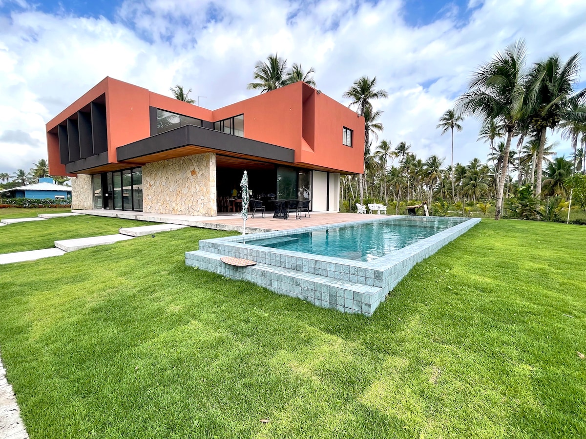The modern mansion features an expansive outdoor area with a sleek pool bordered by stone tiles. Lush green grass surrounds the space, and palm trees are positioned nearby. Large windows provide views of the inviting interior, enhancing the connection to the tropical environment.