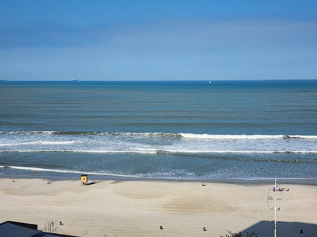 An expansive view of the beach and ocean is presented, featuring gentle waves lapping at the shore. The sky is clear with subtle clouds, and distant boats can be seen on the horizon. A lifeguard stand is positioned on the sandy beach.