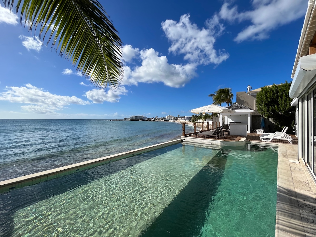 A serene swimming pool blends seamlessly with the ocean, framed by a wooden deck and palm trees. Sun loungers are arranged under a large umbrella, providing shaded relaxation areas. The clear blue water reflects a bright sky dotted with a few clouds, enhancing the tranquil setting.