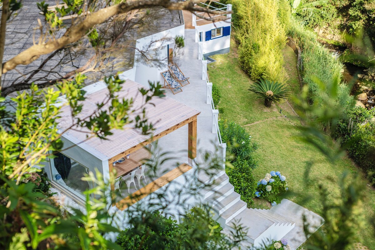 An aerial view of a modern house reveals an inviting terrace with outdoor seating. Lush greenery surrounds the property, enhancing its serene atmosphere. Several steps lead to the entrance, while the deck area offers space for relaxation, framed by vibrant plants and garden features.