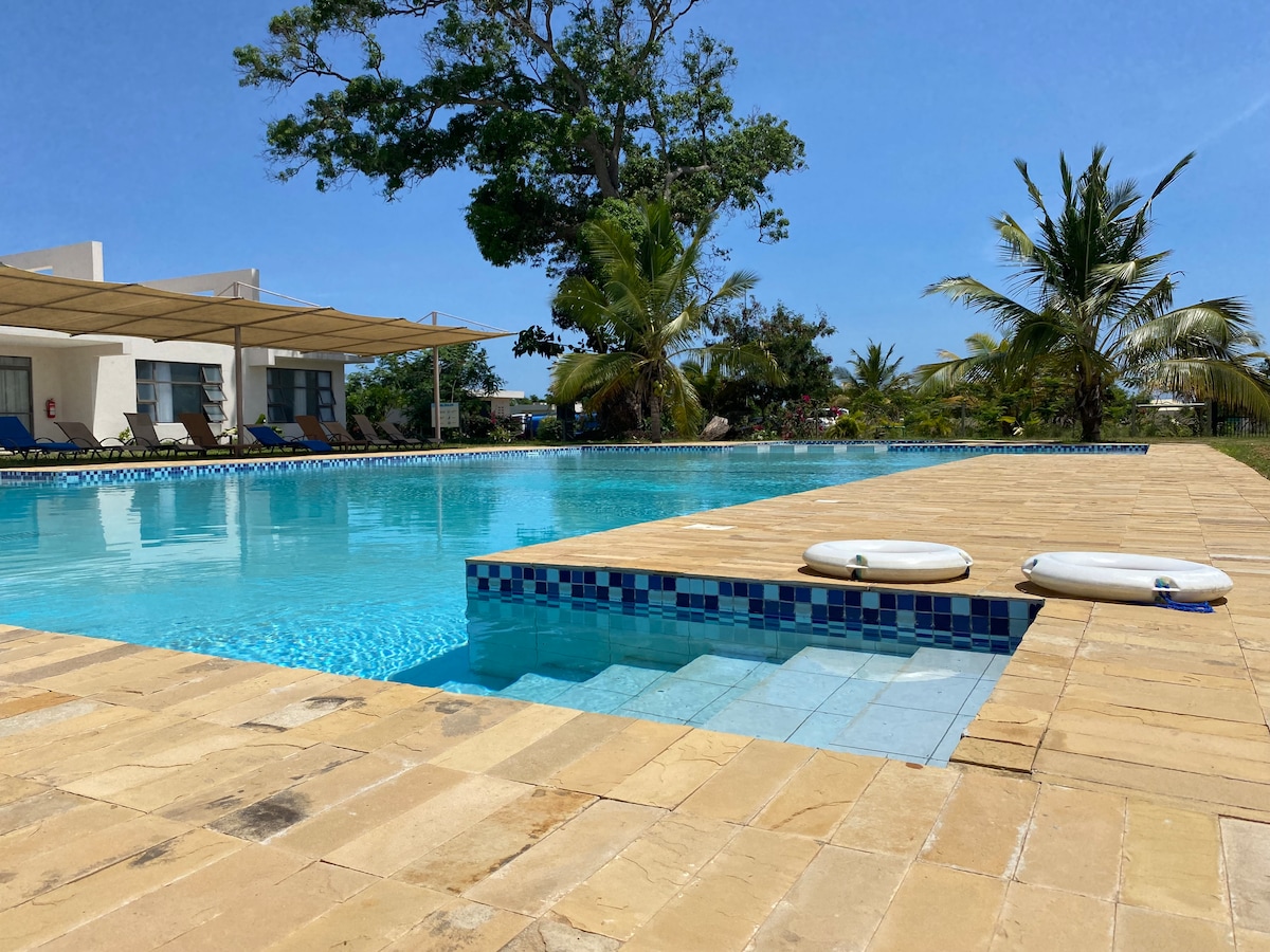 A shared swimming pool features clear blue water surrounded by a sunbathing terrace. The area includes lounge chairs under shaded canopies, with tropical palm trees and greenery in the background. The pool is bordered by light-colored tiles, enhancing the inviting outdoor space.