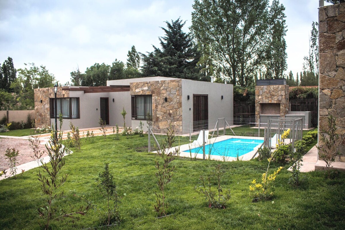 The exterior showcases a modern stone house surrounded by lush green lawns and small trees. A swimming pool is situated nearby, complemented by a barbecue area. Large windows provide ample natural light, enhancing the open and airy feeling of the landscape.