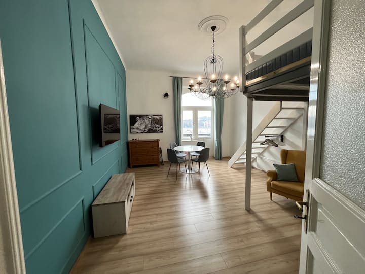 Dhomë e sapo rinovuar, e ndritshme me një ballkon të vogël dhe një pamje të pabesueshme!