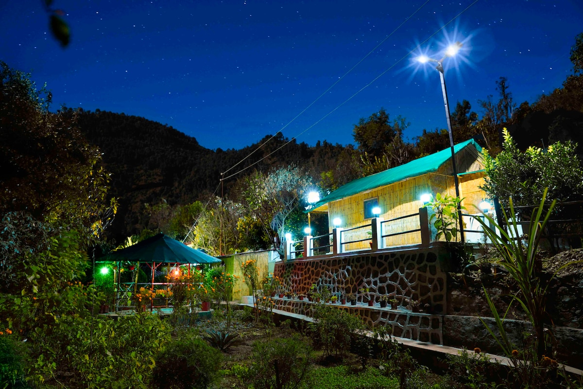A cozy accommodation is illuminated under a starlit sky, featuring a stone pathway leading to a welcoming structure. Surrounding greenery is enhanced by colorful outdoor lighting, with a canopy area visible in the foreground, creating a peaceful ambiance amidst the hills.