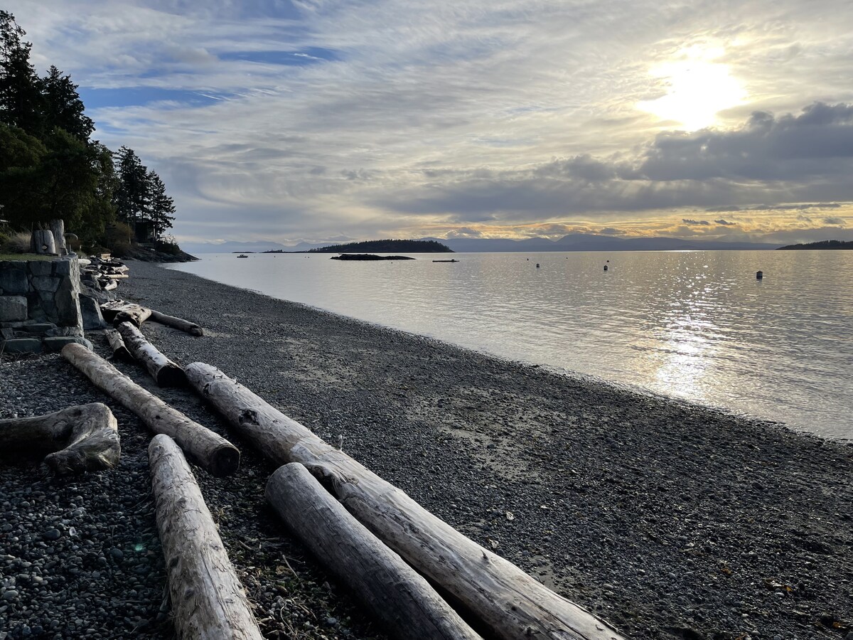 A serene beach scene features smooth pebbles and driftwood lining the shore. Calm waters reflect a soft sunset, while trees frame the background, adding a natural element to the tranquil setting.