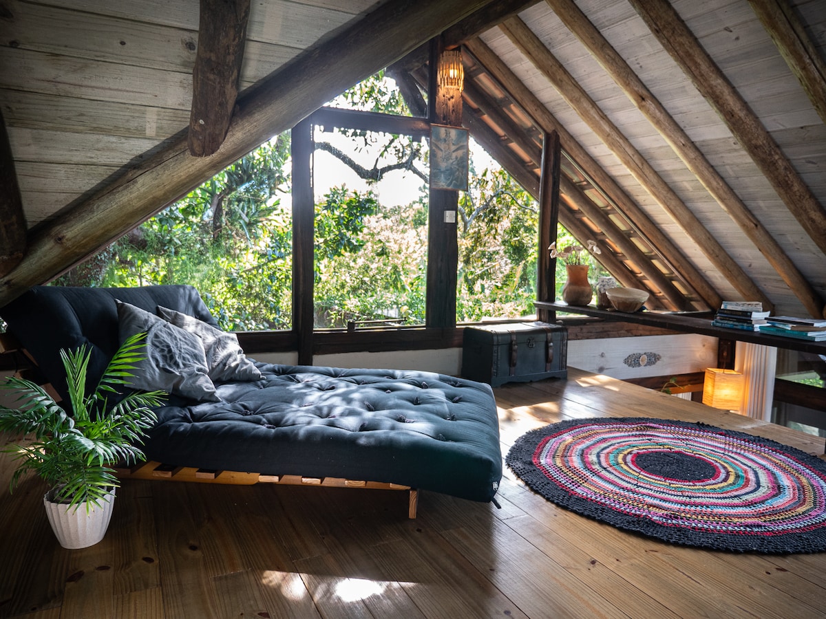 A mezzanine area features a comfortable sofa bed, surrounded by large windows allowing natural light and offering views of lush greenery. A round, multi-colored rug adds texture to the wooden floor, while a small decorative plant brings a touch of nature indoors.