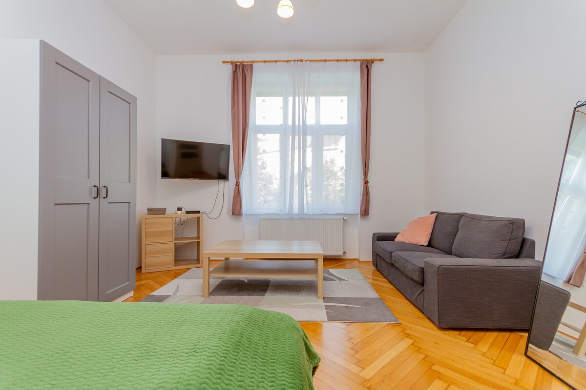 חדר שינה 1: מיטה זוגית נוחה, ספה נפתחת שנותנת מקום לשני אנשים נוספים, טלוויזיה חכמה שיכולה להתחבר לנטפליקס ולאפליקציות אחרות, ארון גדול לאחסון הבגדים שלכם