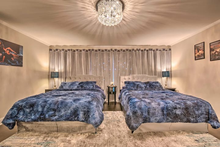 Enjoy the elegant starry night in your Vampire Diaries themed bedroom! It is a very spacious room with  2 queen memory foam mattresses and huge a closet! 