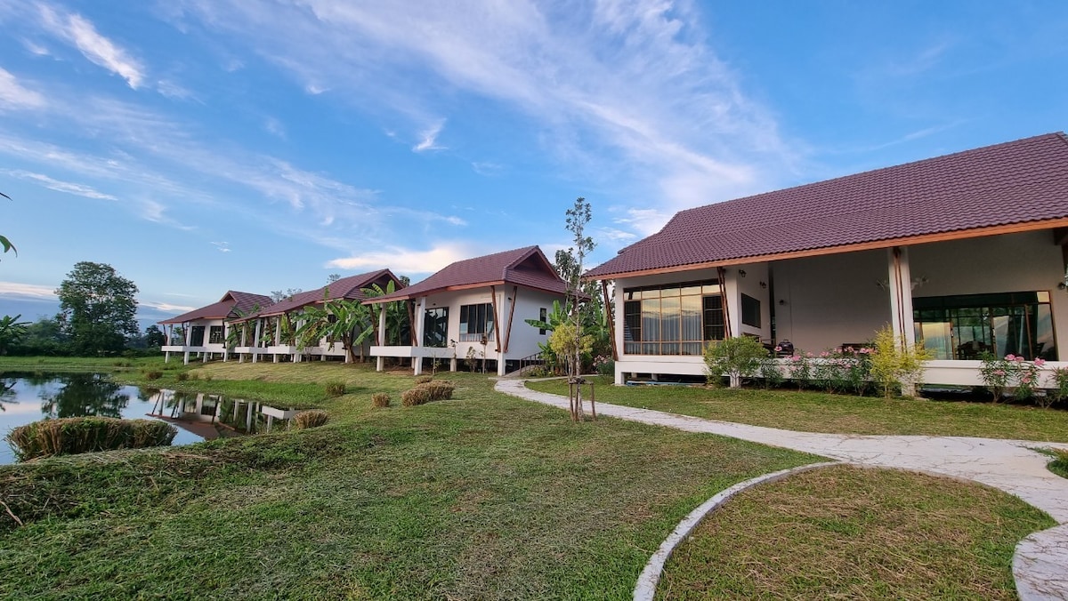 Multiple cozy accommodations are set along a serene pond, surrounded by manicured green lawns and flowering plants. A winding pathway connects the structures, and a clear sky enhances the tranquil atmosphere, reflecting the peaceful environment.