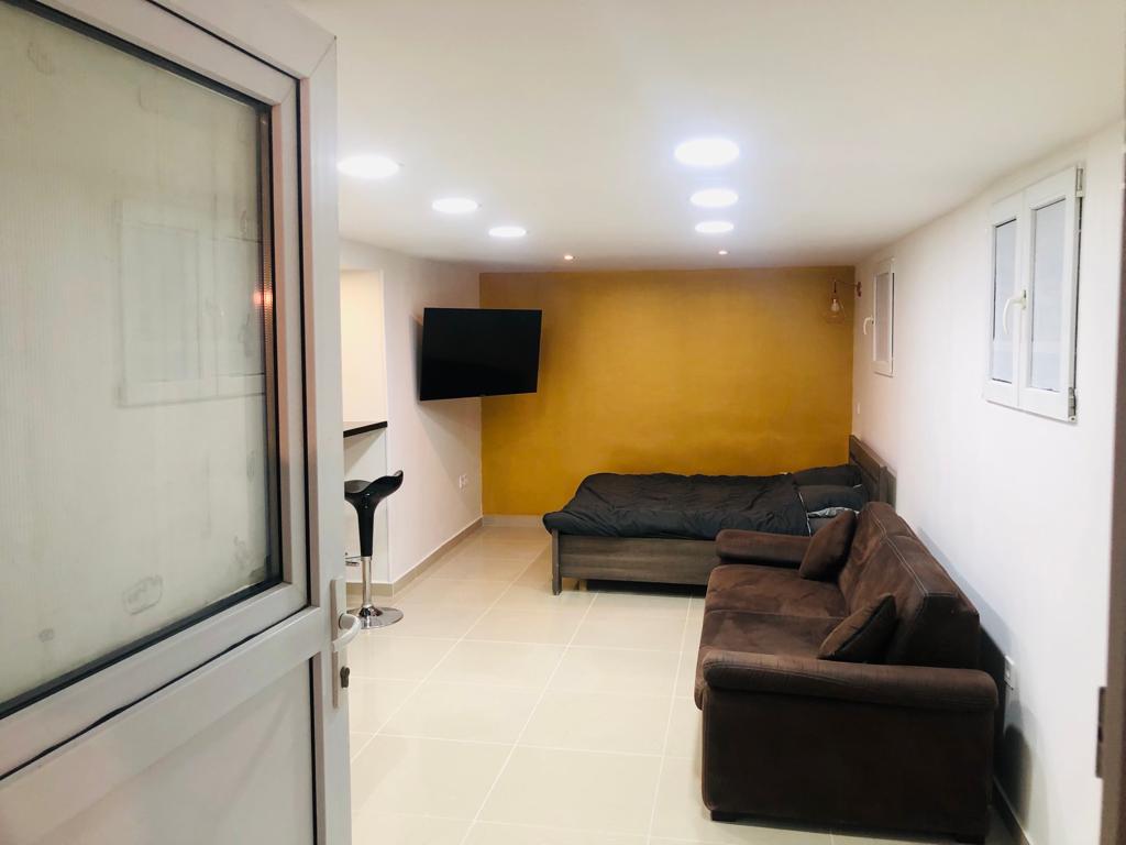 A comfortable living area is displayed, featuring a brown sofa and a spacious bed. A wall-mounted TV is positioned across from the seating area. Natural light enters through two small windows, and modern recessed lighting illuminates the space.