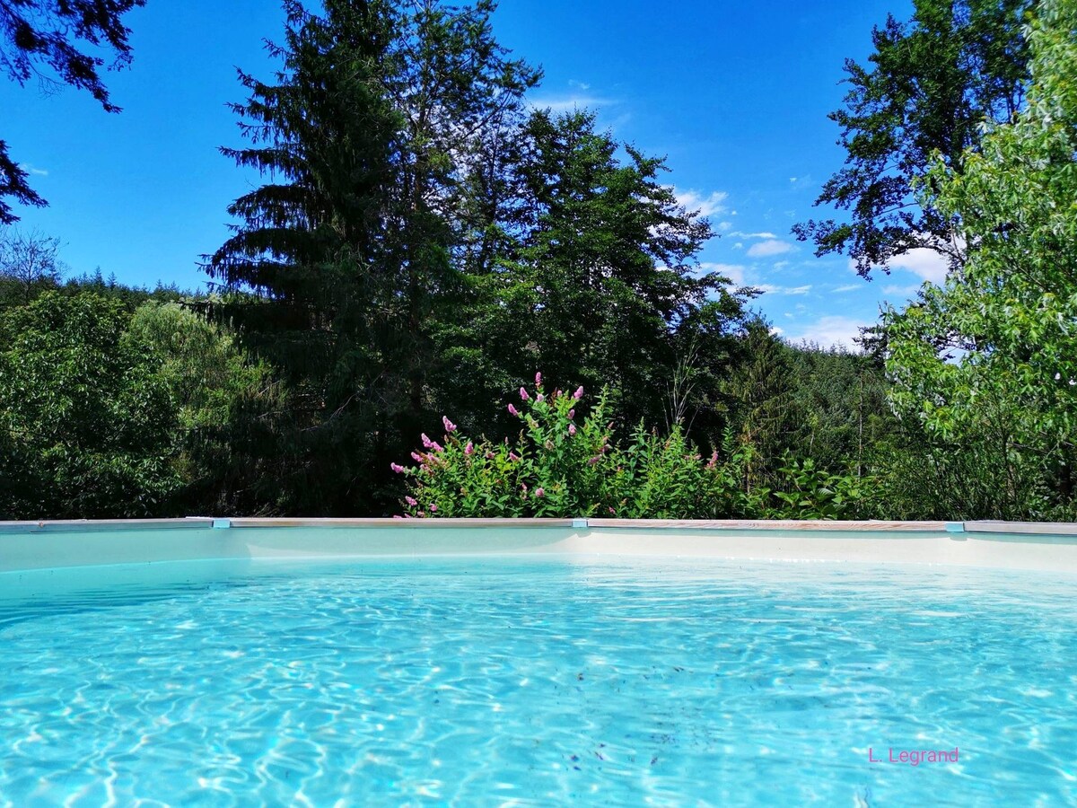 An outdoor swimming pool filled with clear water reflects the blue sky. Lush greenery surrounds the pool, with trees and flowering shrubs visible in the background, creating a serene and private atmosphere.