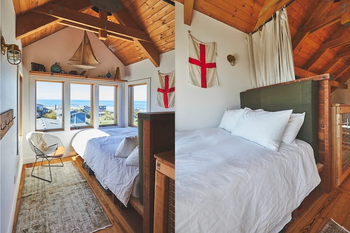 Krevat dopio "queen" në loftin e katit të tretë dhe perde privatësie me pamje nga oqeani.