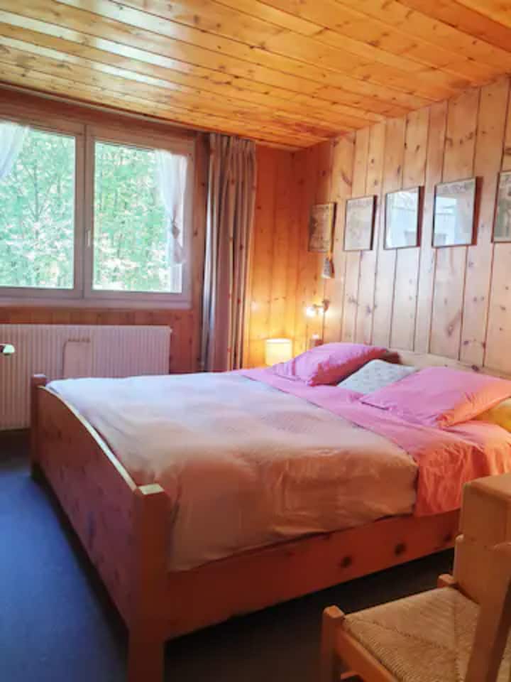 1 chambre grand lit (180 x 200), une commode avec 3 grands tiroirs et 2 petits tiroirs.
2 tables de chevet avec luminaire.
Fenêtre côté entrée de la résidence. Vue sur les montagnes.
