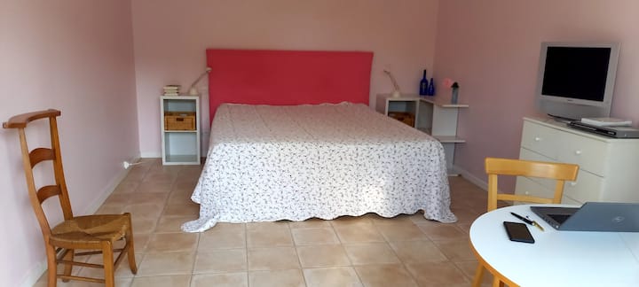 Dhoma 1, në katin përdhes, me banjë private (dush, lavamanë, WC)