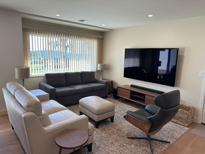 Фамилна стая с нов 77 - инчов телевизор LG OLED и озвучителна система. Куин плюс спален диван, направен в САЩ от American Leather.