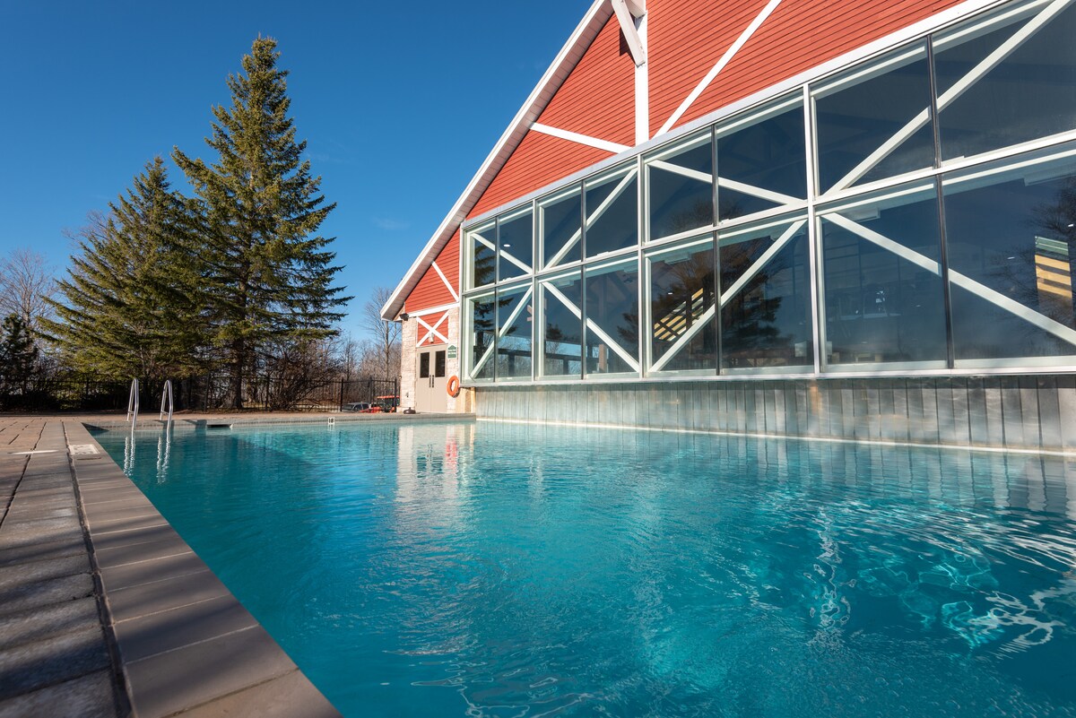 An outdoor pool is framed by clear glass walls of a modern building, allowing natural light to illuminate the area. Lush evergreens are positioned nearby, and the pool's inviting blue water reflects the clear sky above, creating a serene environment.