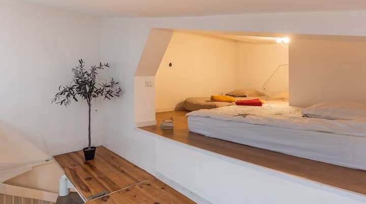 ATTICO (stanza  n.4) 
con area salotto/spazio di lavoro
bagno all'aperto con vasca, lavandino
camera da letto nella nostra schiena 