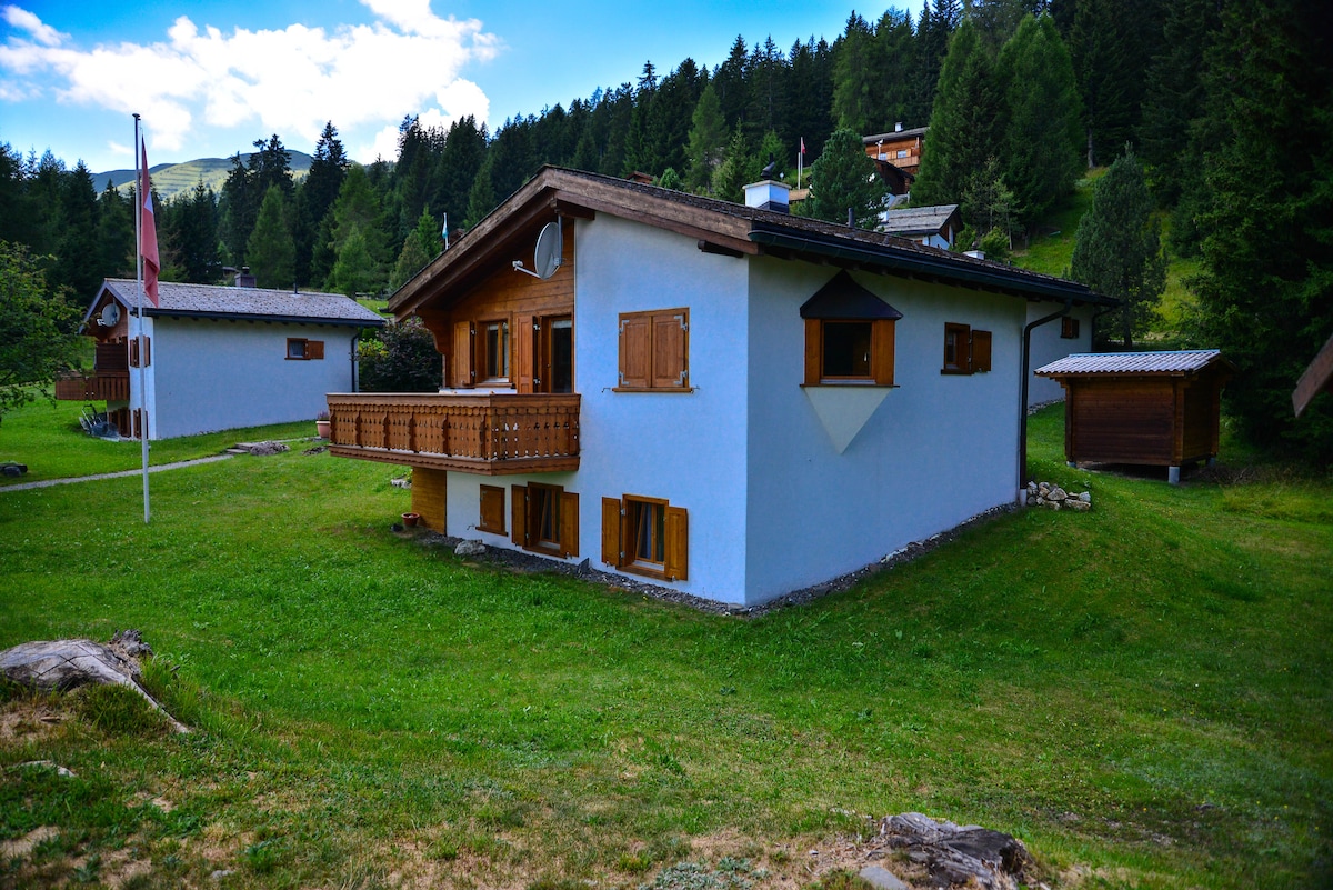 A two-story mountain house is situated in a lush green landscape, surrounded by trees. The exterior features a mix of wooden panels and light-colored walls, with wooden shutters on the windows. A spacious balcony is positioned above ground level, offering scenic views of the surrounding nature.