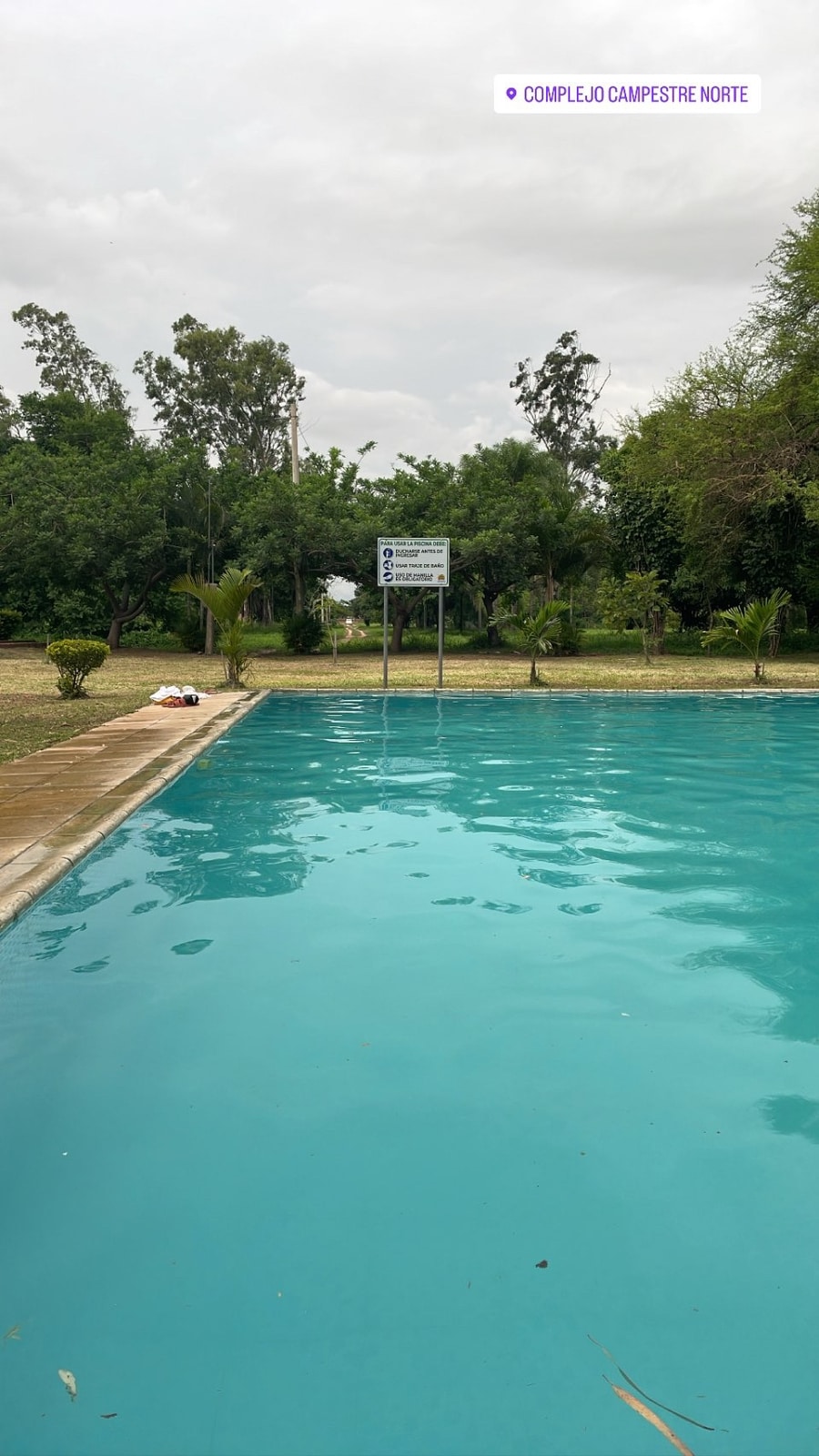 A clear blue swimming pool is surrounded by greenery, with palm and other trees lining the edges. A sign is positioned near the pool, indicating rules or regulations. The pool area appears spacious and inviting, suitable for relaxation.