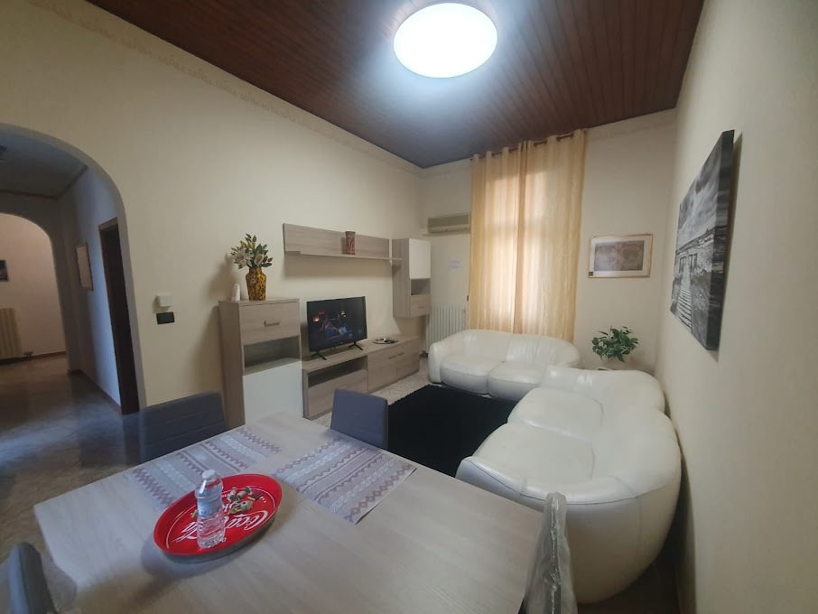 The living area features a light-colored sectional sofa arranged around a dark area rug. A wooden entertainment unit houses a television, with a dining table set for four nearby. Soft natural light is filtered through sheer curtains on the window.