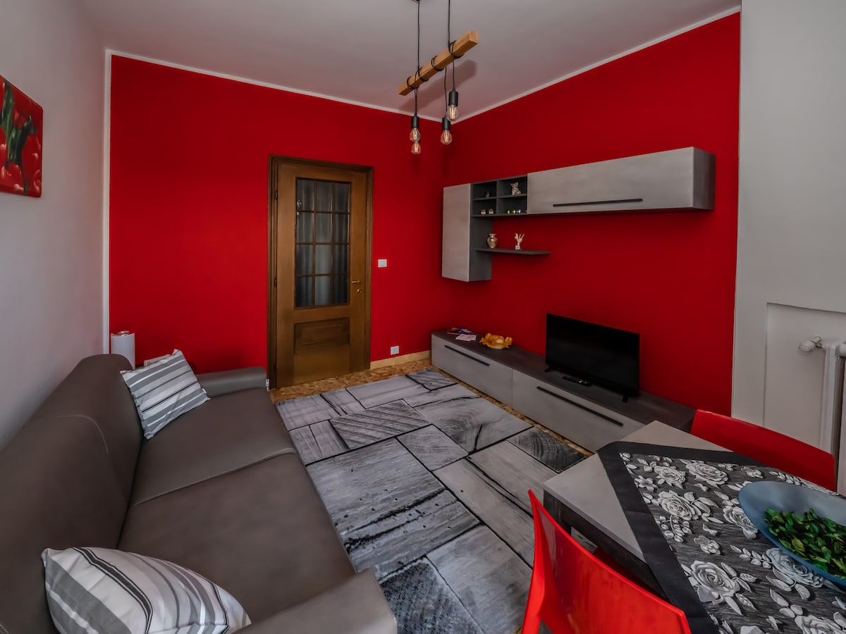 A living area features a gray sofa positioned against a striking red wall. A small television is mounted on a light wooden shelf, complemented by decorative items. A dining table with red chairs is set nearby, topped with a black and white tablecloth, creating a modern and welcoming space.