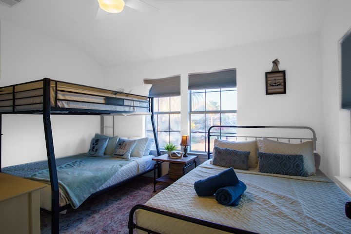 The third bedroom features a new Queen-size bed  with a memory foam mattress and a bunk bed with a Full XL over a Queen-size mattress.  Great room for kids to hang out together! 
