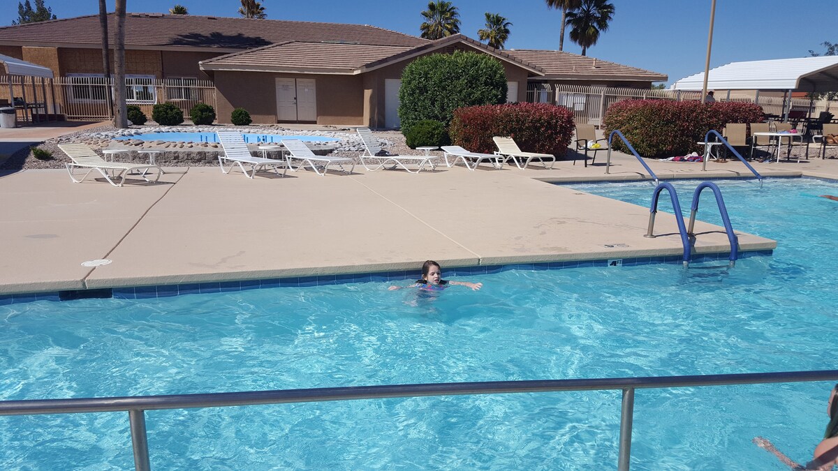 The image features a swimming pool surrounded by lounge chairs under clear blue skies. A swimmer is seen in the pool, with a shallow ledge nearby. The backdrop includes a single-story building and neatly trimmed shrubs, enhancing the relaxed atmosphere of the area.