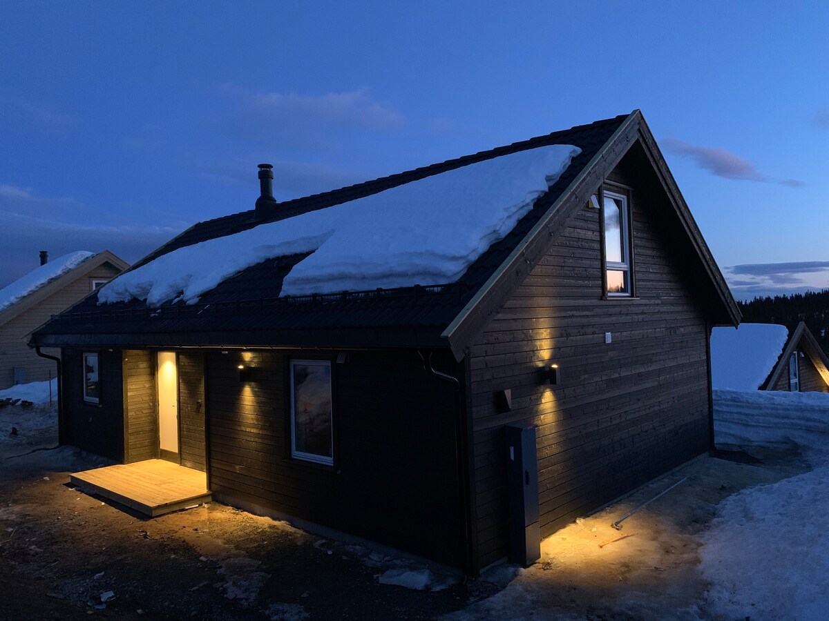 The cabin is seen at dusk, showcasing its dark wooden exterior highlighted by warm outdoor lighting. Snow caps the roof, while a wooden deck leads to the entrance. Windows reflect the soft evening light, creating a welcoming atmosphere.