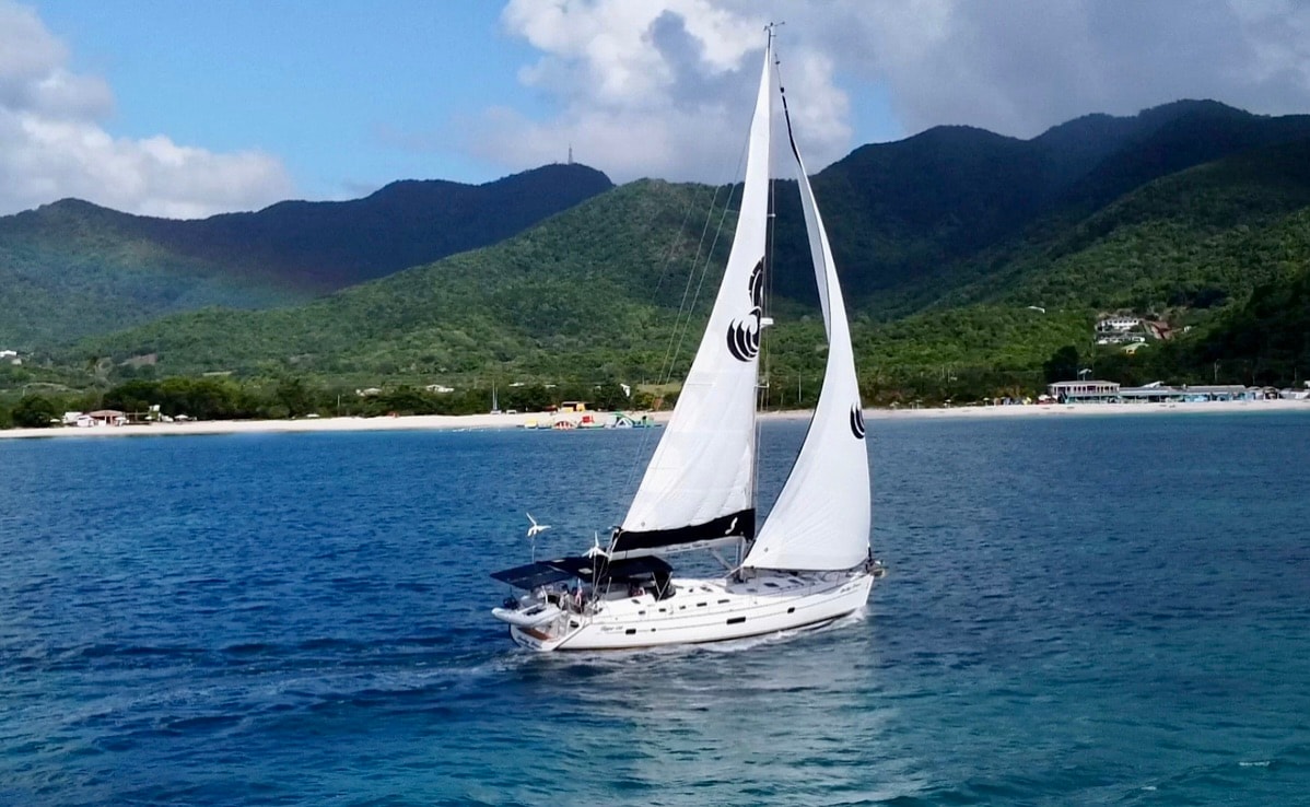 A sleek sailing yacht is depicted gliding through clear blue waters, with white sails billowing against a backdrop of lush green hills. The sunlight reflects off the surface, enhancing the serene coastal scenery.