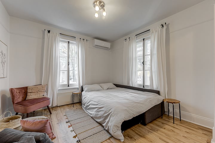 Მისაღები ოთახი გასაშლელი დივნით, რომელიც გადაკეთებულია საწოლად