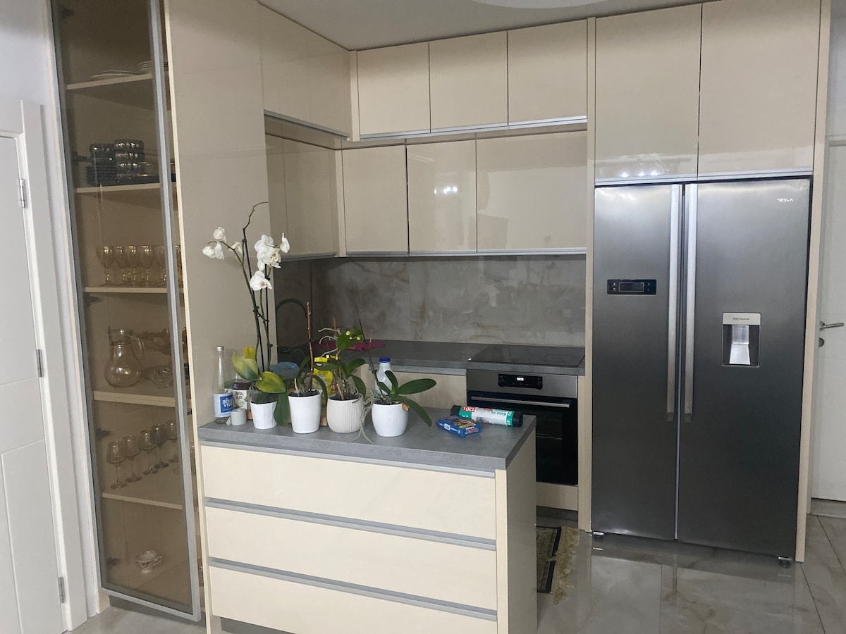 A modern kitchen features sleek, cream-colored cabinetry and a spacious countertop. A stainless steel refrigerator and oven are prominently displayed. Potted plants and an arrangement of vases add a touch of greenery to the space, while glass shelves showcase decorative items.