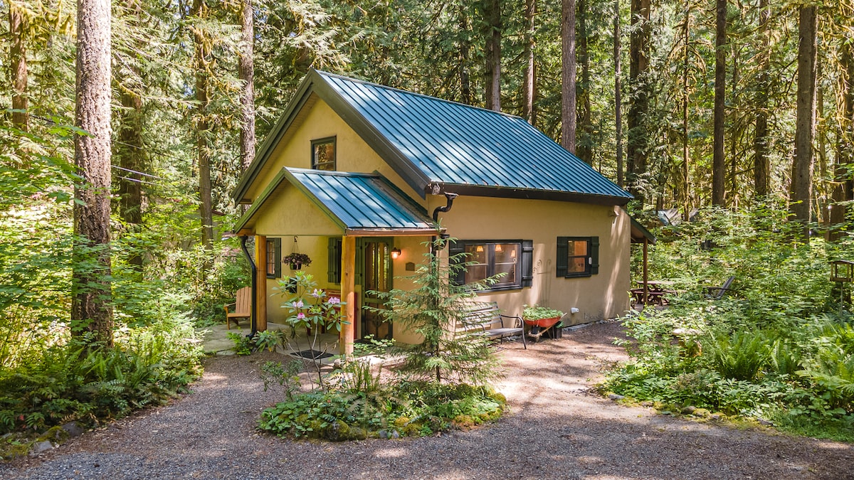 A charming cabin is surrounded by lush greenery, featuring a blue metal roof and light-colored walls. The entrance is adorned with flowering plants, and a gravel path leads to the front door, inviting guests into the peaceful natural setting.