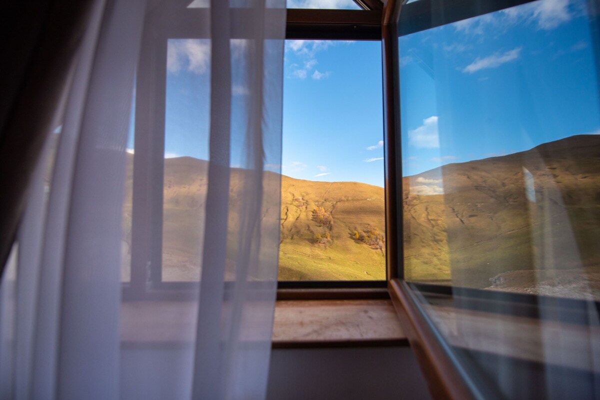 A view from the window captures rolling green hills under a clear blue sky. Sheer white curtains frame the scene, softly diffusing natural light. The landscape features a blend of earthy tones and open spaces.
