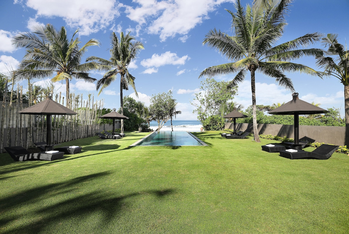 The outdoor area features a spacious lawn bordered by palm trees, with an infinity pool extending towards the ocean. Four shaded gazebos provide lounging space alongside sun loungers, inviting relaxation amidst the tranquil landscape and the backdrop of the beach.