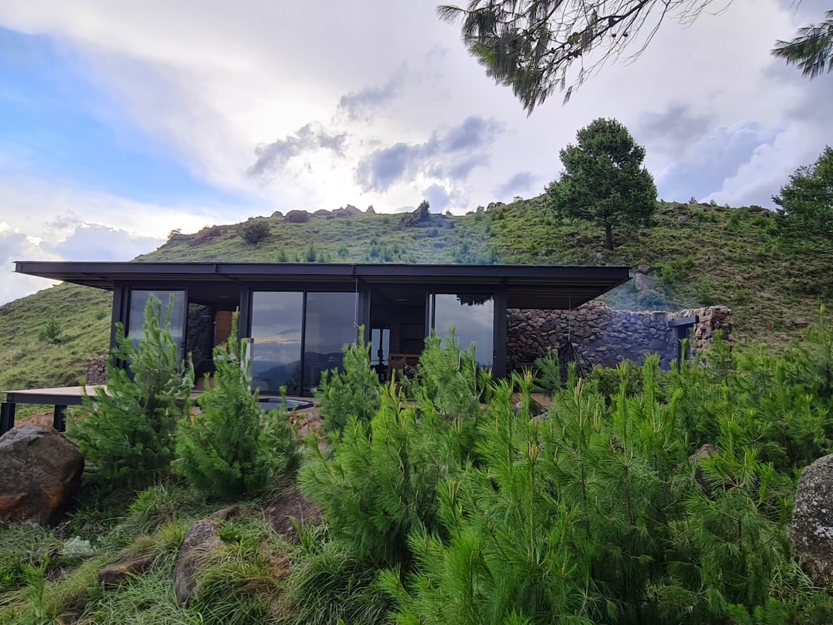 A contemporary cabin is seen nestled among lush greenery, featuring a sleek, glass-fronted design that integrates with the natural surroundings. Stones and plants frame the structure, while the distant mountains provide a scenic backdrop under a partly cloudy sky.